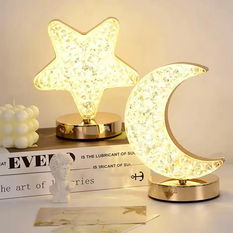 Luminária de mesa em acrílico cristalino lua e estrela