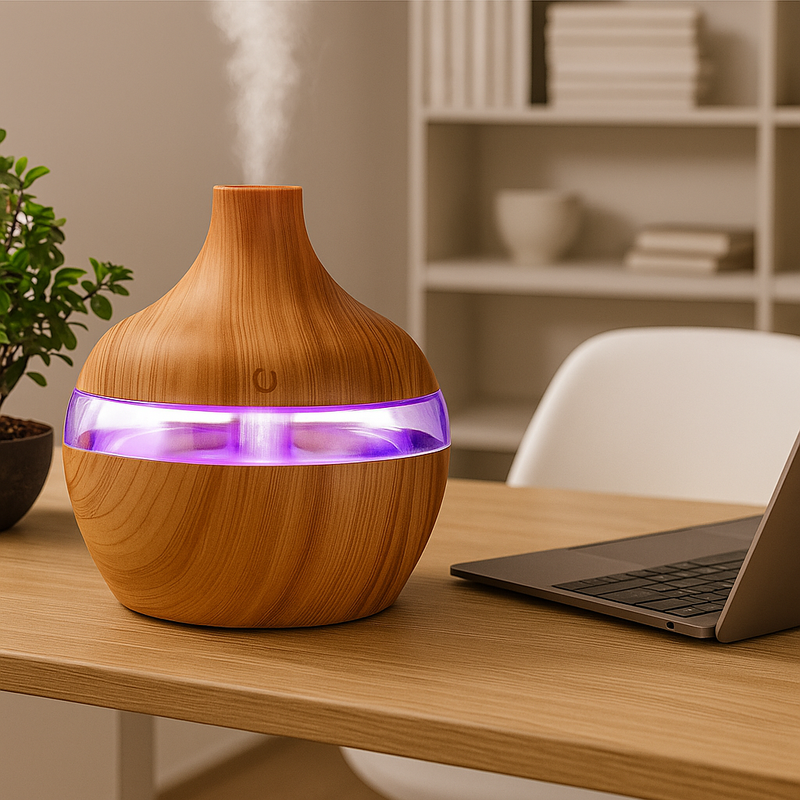 Umidificador Vaso 5V com Luz Noturna Colorida e Aromaterapia | Design em Madeira