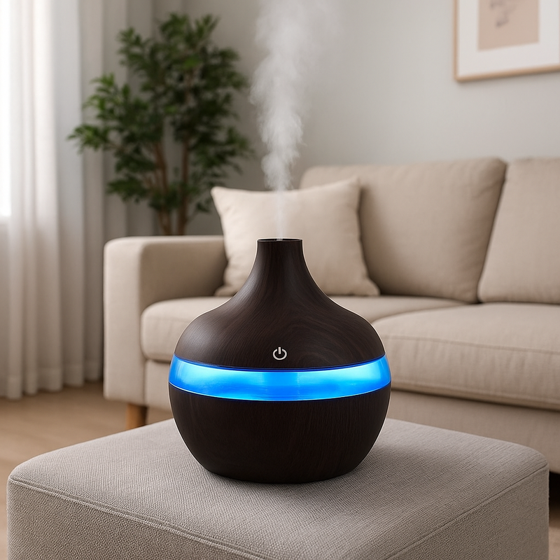 Umidificador Vaso 5V com Luz Noturna Colorida e Aromaterapia | Design em Madeira