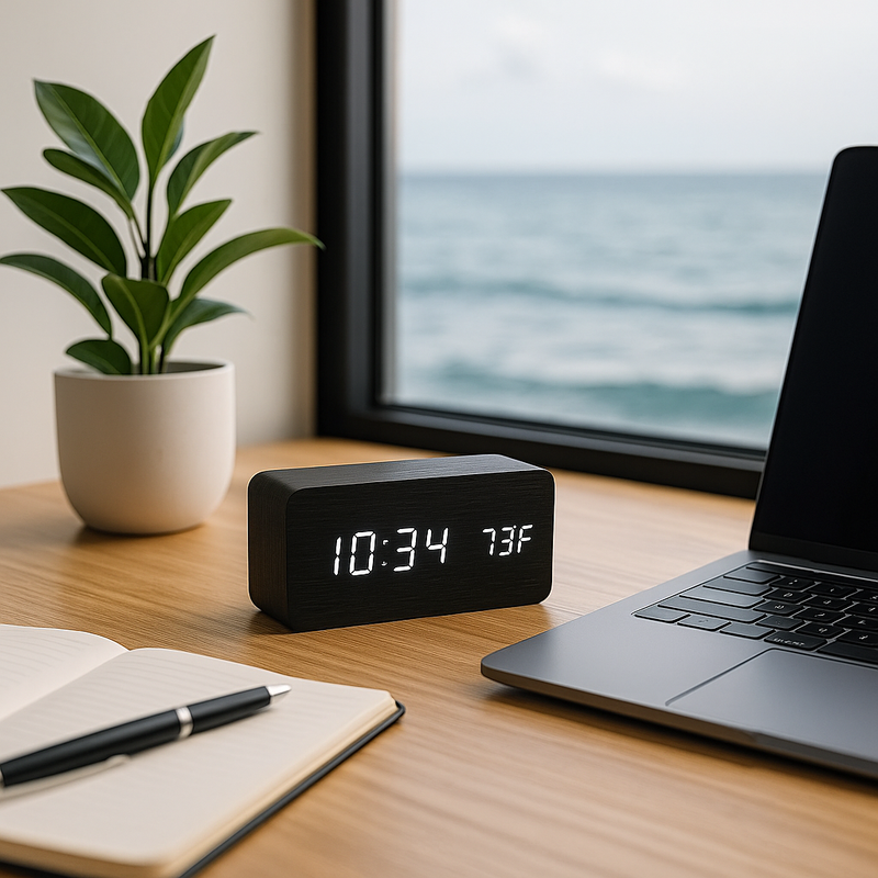 Despertador Digital de Madeira com Visor LED