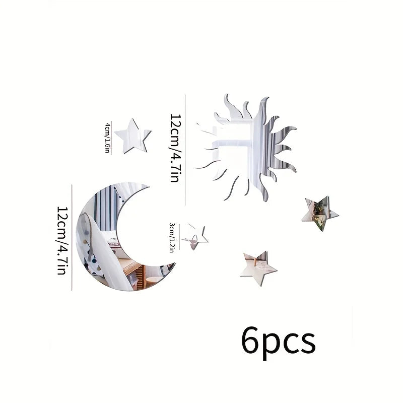 Kit Espelhado Decorativo Sol, Lua e Estrelas (6 peças)