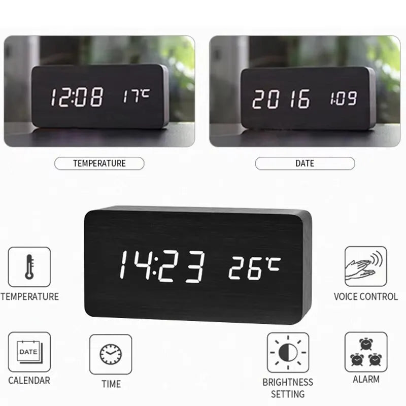 Despertador Digital de Madeira com Visor LED