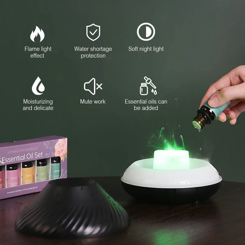 Umidificador Portátil com Efeito Chama | 130ml | USB | Luz Nórdica e Aromaterapia Ultrassônica