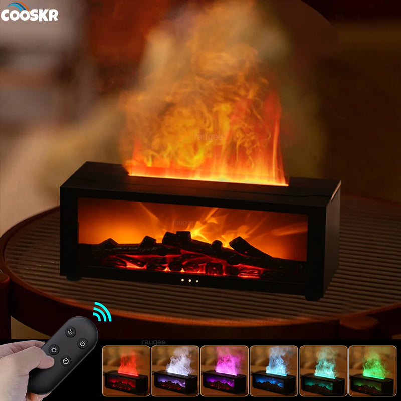 Umidificador de Ar com Difusor de Óleos Essenciais, Efeito Chama, Luz LED Colorida