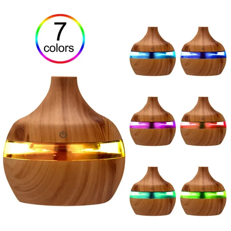 Umidificador Vaso 5V com Luz Noturna Colorida e Aromaterapia | Design em Madeira